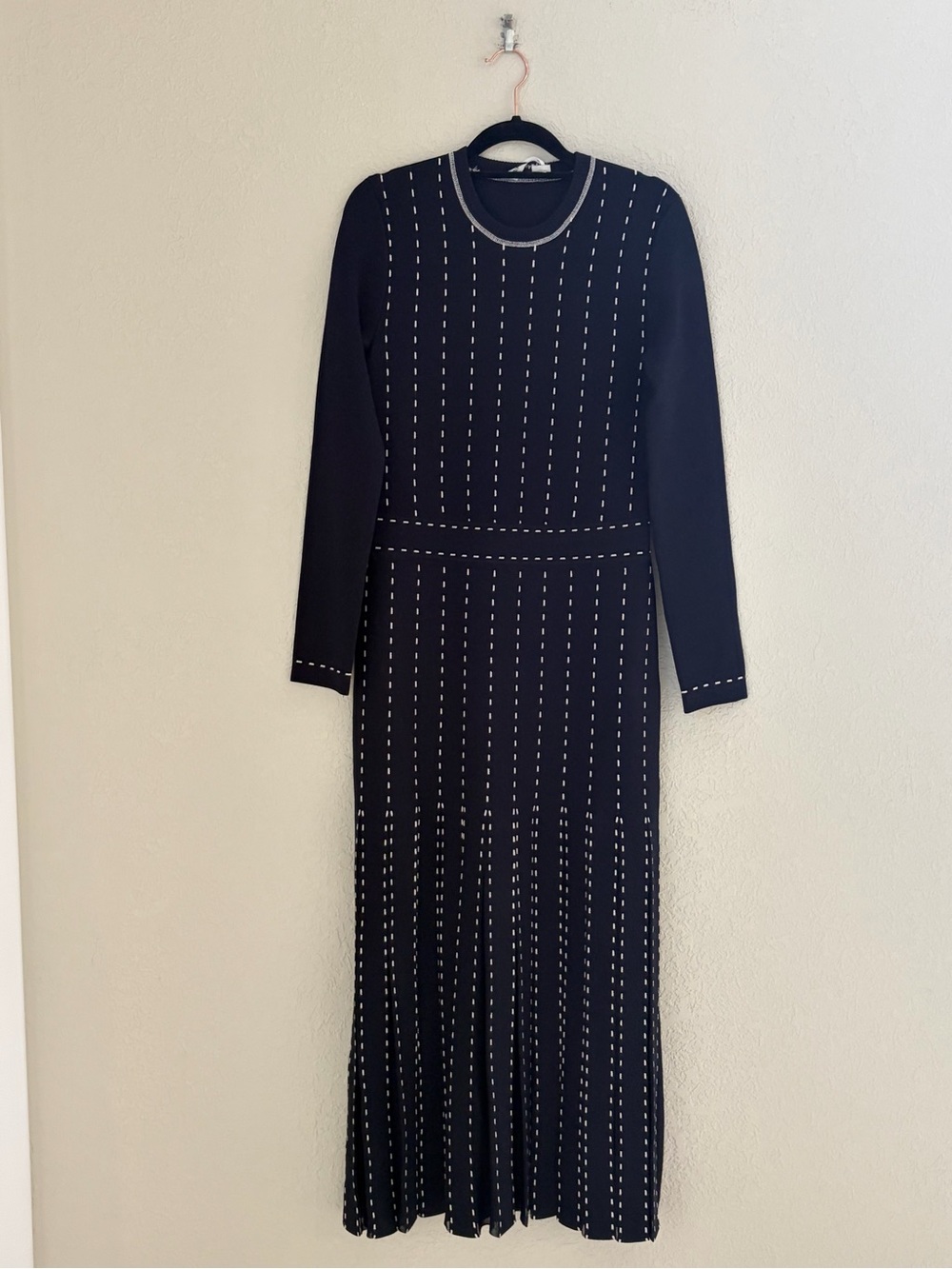Simkhai Fit Flare Knit Dress Black White Vertical dash Stripe Size Small NEW
